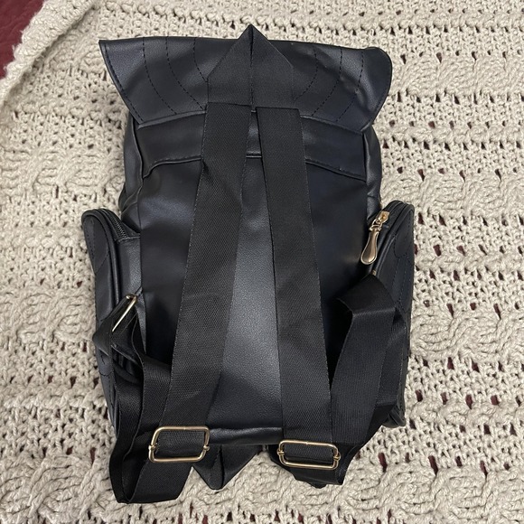 Owl Backpack Black Faux Leather Embroidered Eyes Side Zipper Pockets Cute‎ Bag - Picture 11 of 16